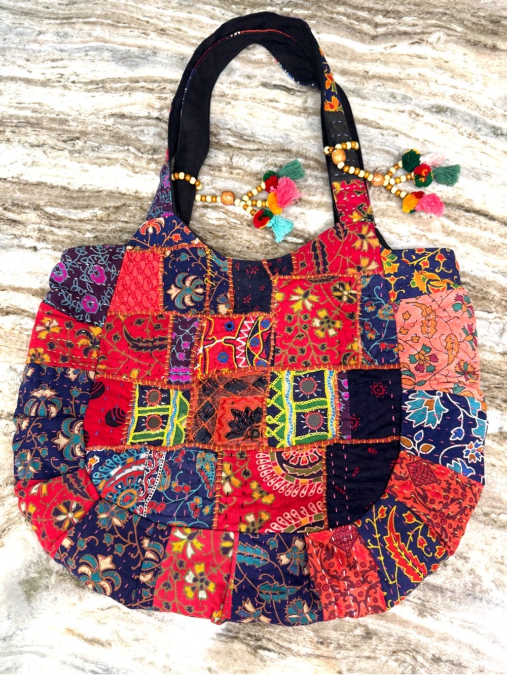 Hobo Boho Patchwork Tote Bag in Multicolor Purse Tribe Azure 15x19"